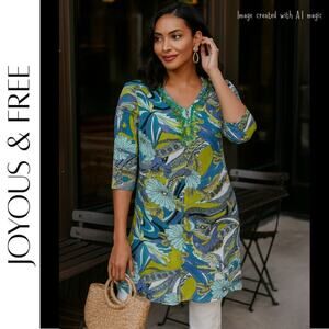 JOYOUS & FREE Purple & Green Embellished Print Tunic, S